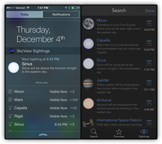 SkyView iOS 8 Widget and Sightings